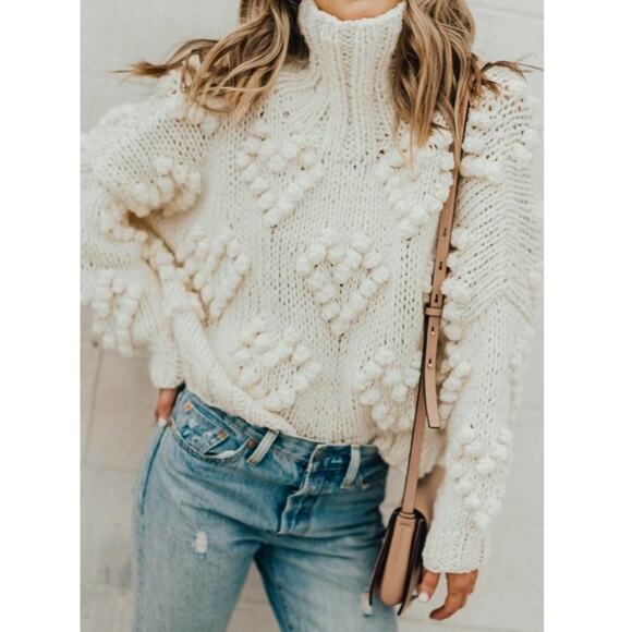 Chicwish Knit Your Love heart pom pom slouchy turtleneck sweater size S/M - Picture 2 of 15